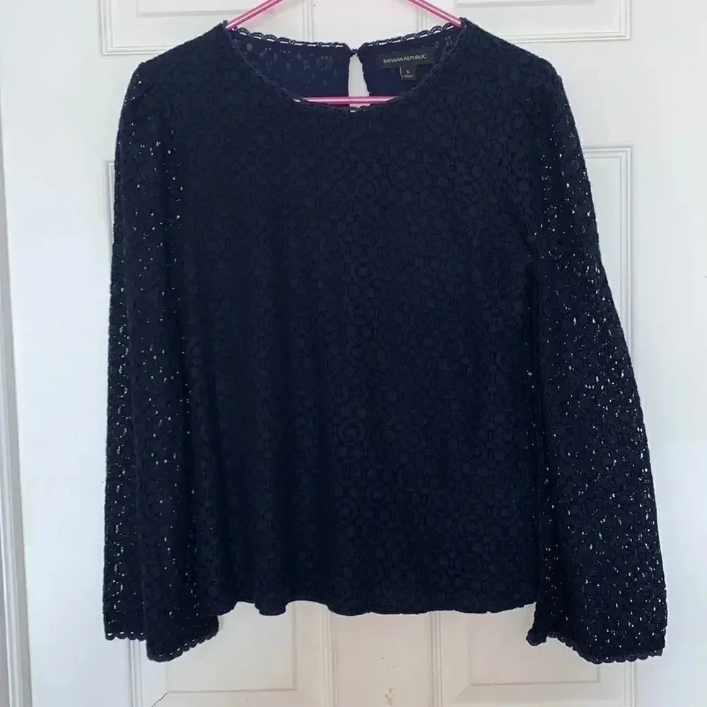 Banana Republic Navy Blue Eyelet Lace Blouse Top Size S